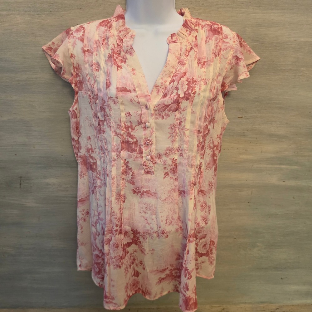 Kate Park Watercolor Floral Motif Ruffle Split Collar Vneck Blouse Medium GC